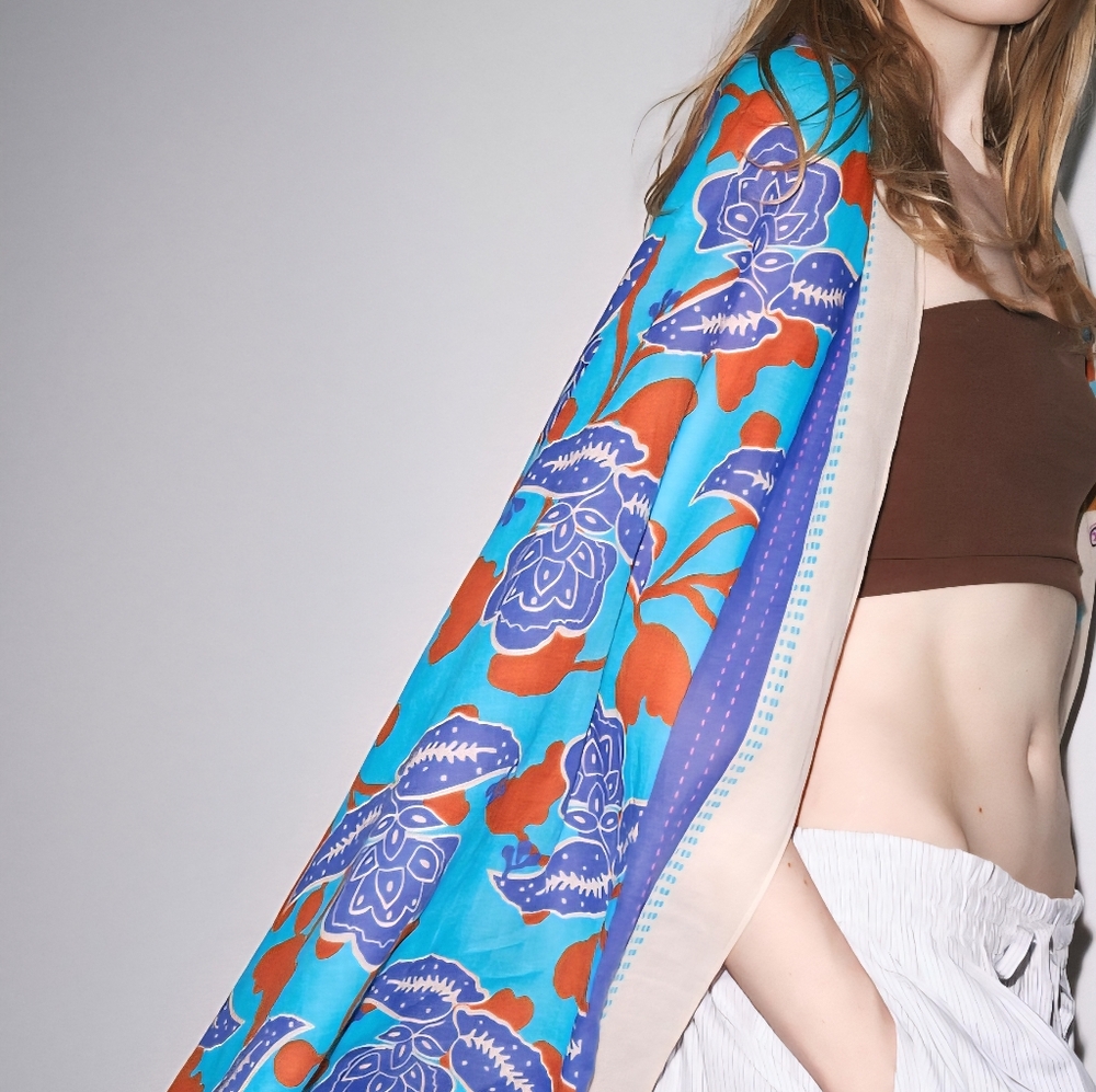 ZARA Women's Printed Cotton Scarves(Blue, Size:M)